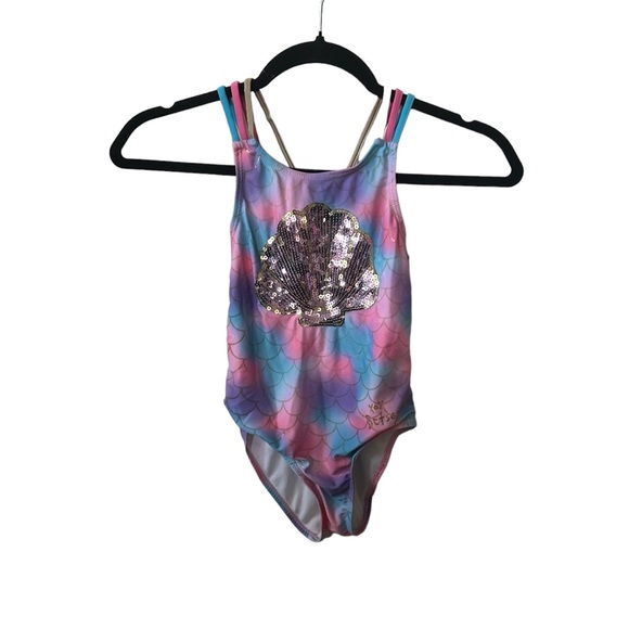 Betsey Johnson Pink, Blue, & Purple Mermaid Sequin Shell Cross Back 7/8 Swimsuit - Picture 1 of 8